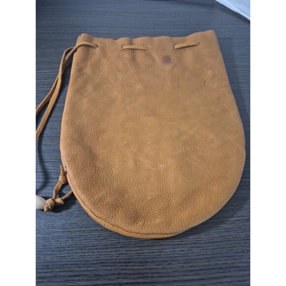 Vintage Genuine Leather Drawstring Pouch Camel Tan Color With Wooden Bead Accent - Picture 12 of 16